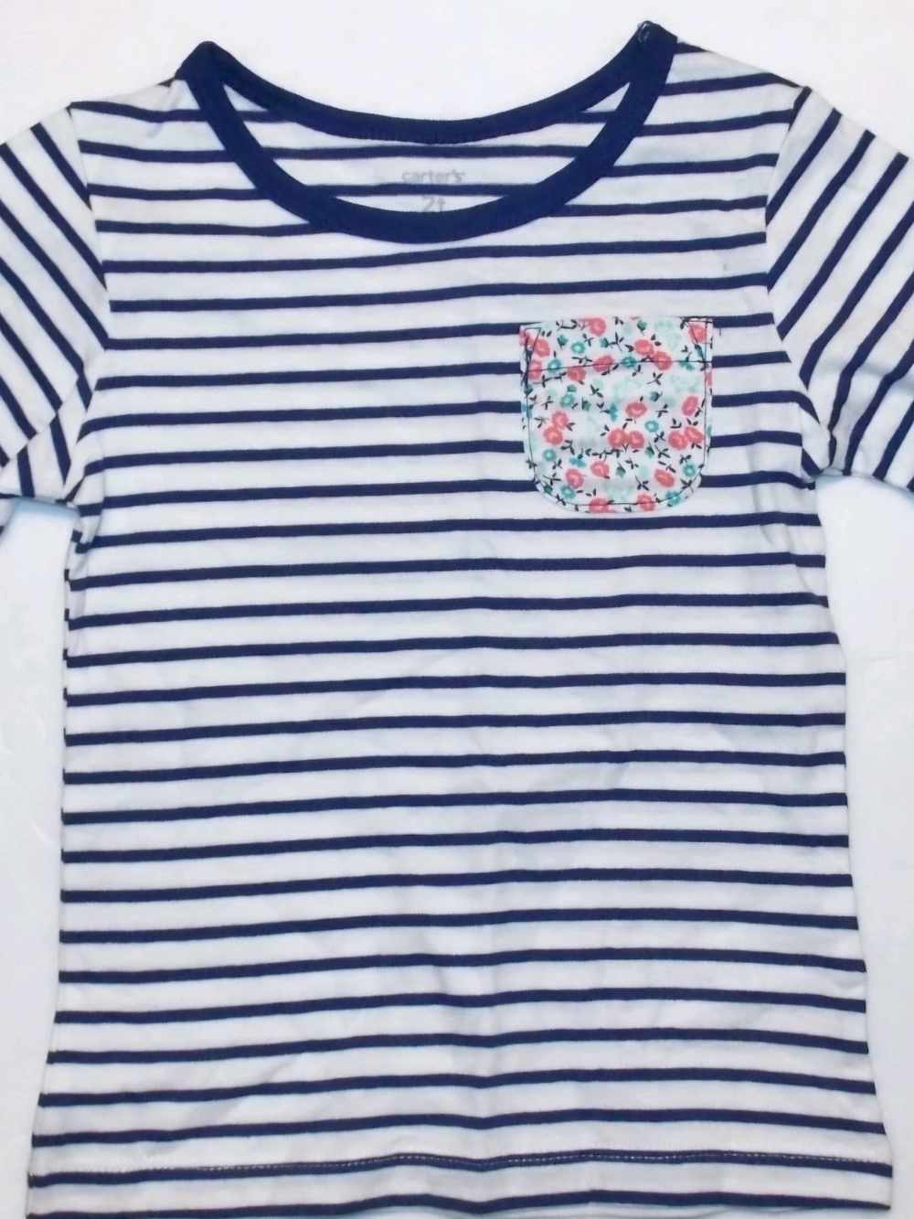 Carter's Girls Navy Stripe Pocket Tee - Floral Accent - Size 12mos NWT